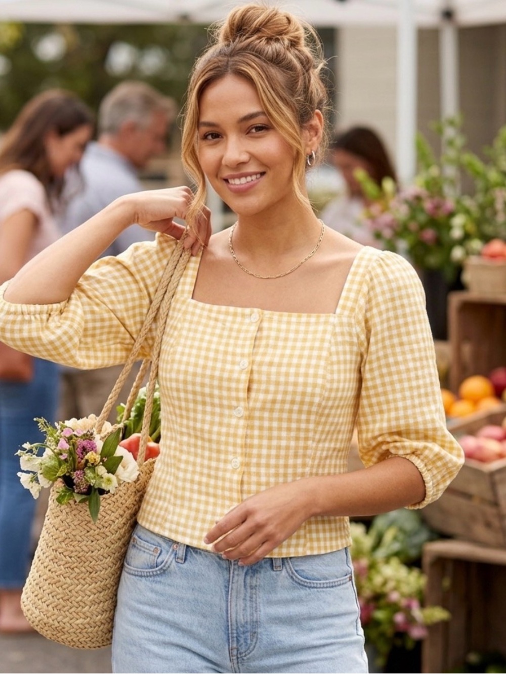 NWT Old Navy Yellow Gingham Puff Sleeve Top L Linen Blend Square Neck Milkmaid